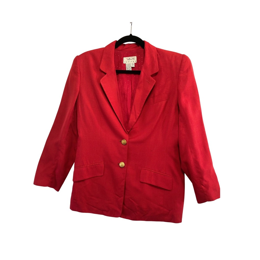 Talbots Blazer‎ Womens 10P Red Linen Blend Two Button Gold Crest Made in USA